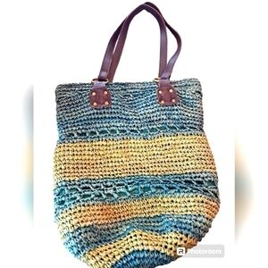 Flora bella large crochet blue/green leather handles beach market bag